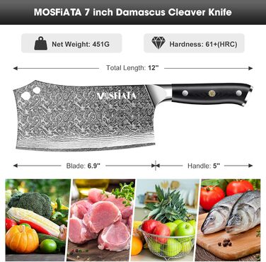 MOSFiATA Кухонний ніж шеф-кухаря з дамаської сталі, 20 см, професійний, з точильним каменем