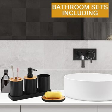 Чорний набір аксесуарів для ванної кімнати (5 шт.): мильниця, стакан, дозатор мила, тримач для зубних щіток, пластик