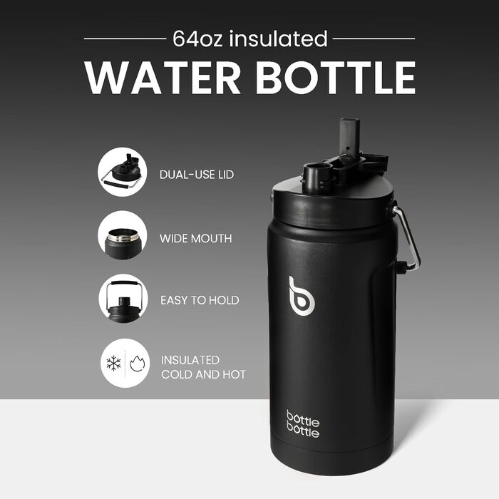 BOTTLE BOTTLE Insulated Water Bottle, 1.8L, with Straw and Double Lid, Half-Gallon Water Jug, Stainless Steel, for Workout and Sports, Insulated Growler with Handle, Black