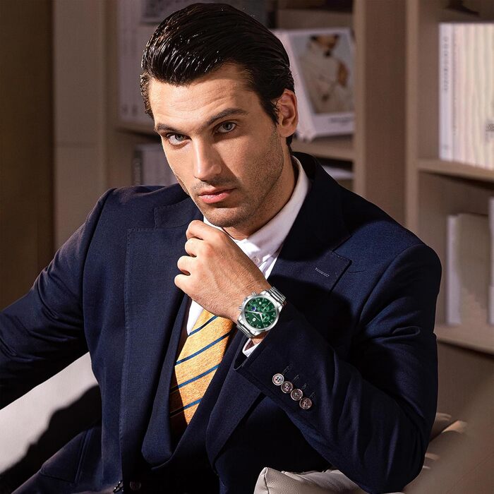 Годинник чоловічий BENYAR Chronograph Аналоговий кварц Водостійкий з датою. Елегантний бізнес-стиль. Чудовий подарунок для чоловіків (срібний браслет/зелений циферблат)