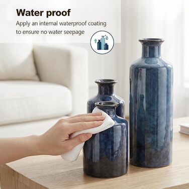 Набір керамічних ваз блакитного кольору – 3 шт. Вази у стилі фермерського будинку, декор для дому, вітальні, столу, каміну та входу