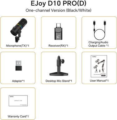 Мікрофон Comica D10 Pro D з RGB-підсвічуванням та підставкою для стрімінгу, геймінгу, TikTok та подкастів (Чорний)