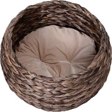 PawHut Rattan Cat Basket Cat Cave Cat House Cat Bed with Cushion Pet Bed Water Hyacinth 42 x 33 x 52 cm (50L x 42W x 60H cm, Coffee)