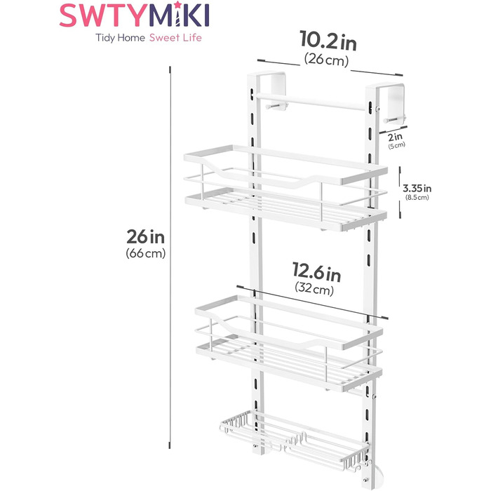 SWTYMIKI Adjustable Hanging Shower Shelf - No-Drill Shower Shelf for Glass Door, Stainless Steel Shower Shelf with Hooks and Soap Holder, Shampoo Holder for Shower, White