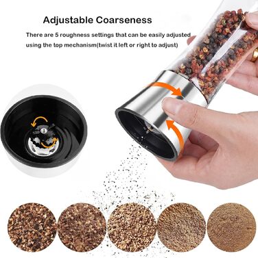 Набір з 2 мельниць для солі та перцю з регульованим керамічним жорном, для спецій, нержавіюча сталь та скло, 19 см