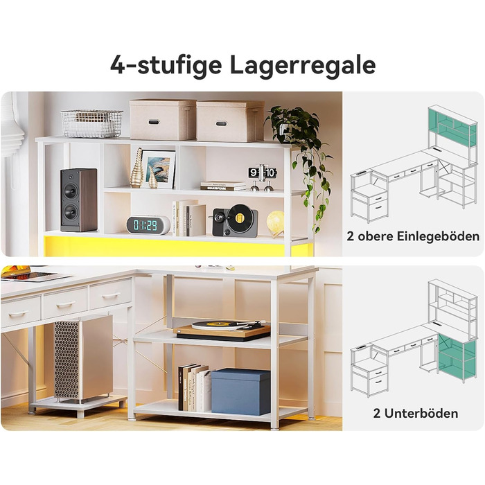 Комп'ютерний стіл Coleshome з 5 шухлядами та 4 полицями 180x100 см, L-подібний стіл з LED-підсвіткою, розетками та USB, великий стіл для home office, білий