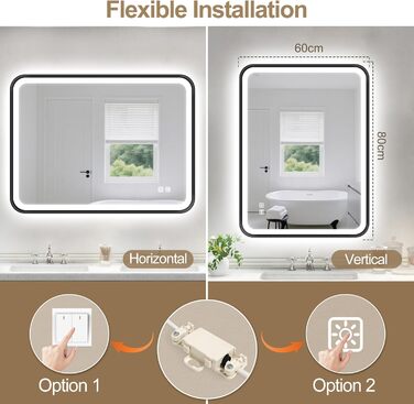 Дзеркало для ванної кімнати S'bagno з підсвічуванням 100x70 см, з алюмінієвою рамою, антизапар, 3000-6500K, функція пам'яті, IP44, горизонтальне/вертикальне, чорне