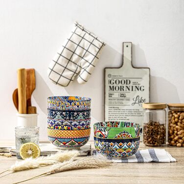 HENXFEN Набір з 6 порцелянових мисок для мюслі, супу, салату, 850 мл. Богемний квітковий дизайн, 6 кольорів