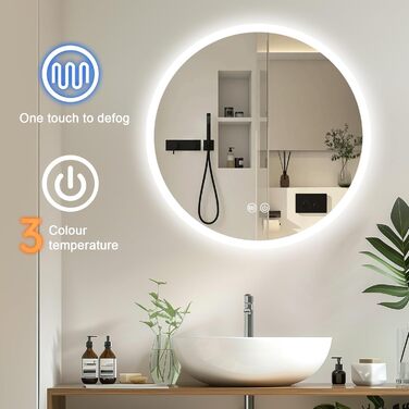 LED дзеркало для ванної кімнати з підсвічуванням Round - регульоване з 3 кольорами світла (3500K-6500K), сенсорний вимикач, запобігає запотіванню - дзеркало для ванної кімнати з підсвічуванням для макіяжу та гоління (70см)