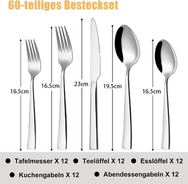 12-Piece Cutlery Set, 60-Piece Stainless Steel Cutlery Set, Eating Utensil Set with Knife, Fork, and Spoon, Stainless Steel Cutlery for Family/Party/Restaurant, High-Gloss Polished & Dishwasher Safe
