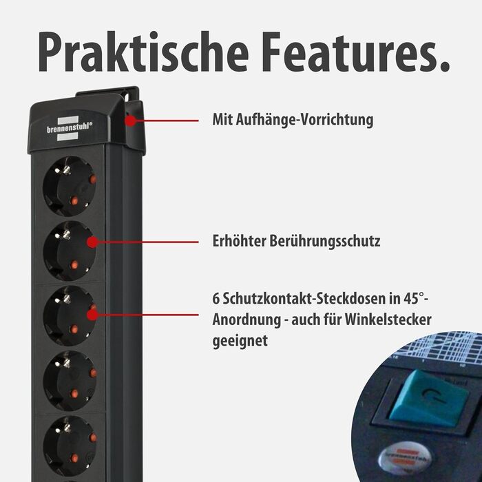 Бренненштуль Преміум-Лінія Мережевий фільтр 6 розеток з захистом від перенапруги до 60000A (з вимикачем та 3м кабелем, для кріплення на стіну, Made in Germany) чорний, розсіювач струму 60000 A