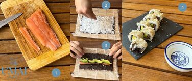 Набір для приготування суші UMAI: 2 килимки, палетка, 2 комплекти паличок, 2 соєві чаші, 2 підставки для паличок, QR-код з рецептами