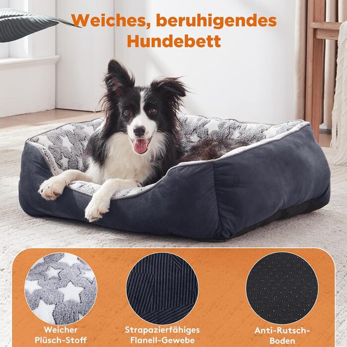 FURTIME Dog Bed - Medium Dogs, Dog Basket, Washable Dog Basket, Non-Slip Dog Beds, Fluffy Dog Mattress with Raised Edges, Soft Dog Sofa for Dogs Cat L(76x61x23cm) Black/Stars