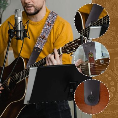 Гітарний ремінь Jacquard з вишивкою з бавовни з кінцями з натуральної шкіри для акустичної гітари GS-89-1 Petal Brown