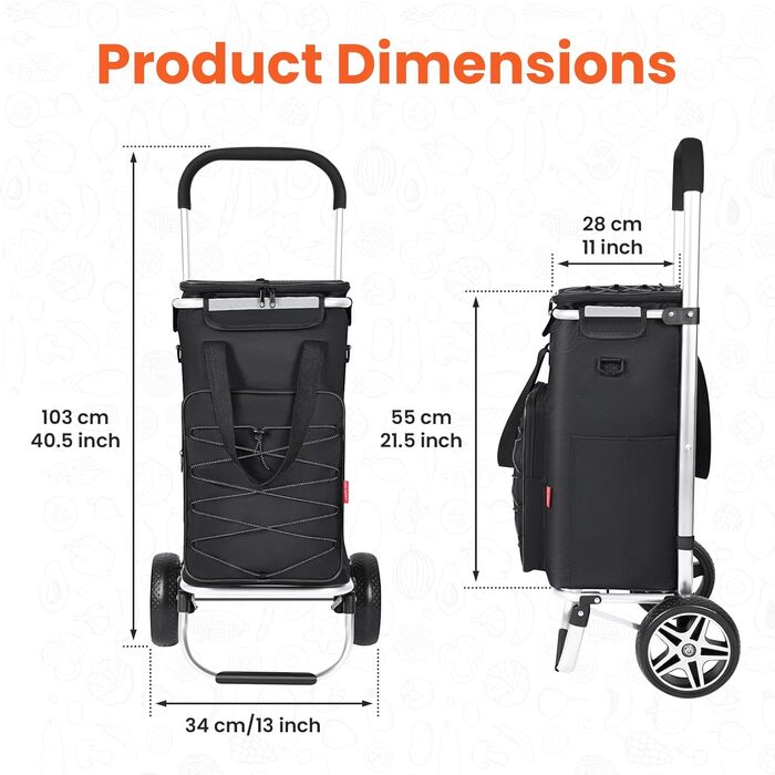 YEAUPE PRO Кухоль-тележка 3в1 з термоізольованим відділенням, 50л, знімний мішок, вантажопідйомність до 25кг, бічні кишені та відкривачка для пляшок (Чорний), не складається