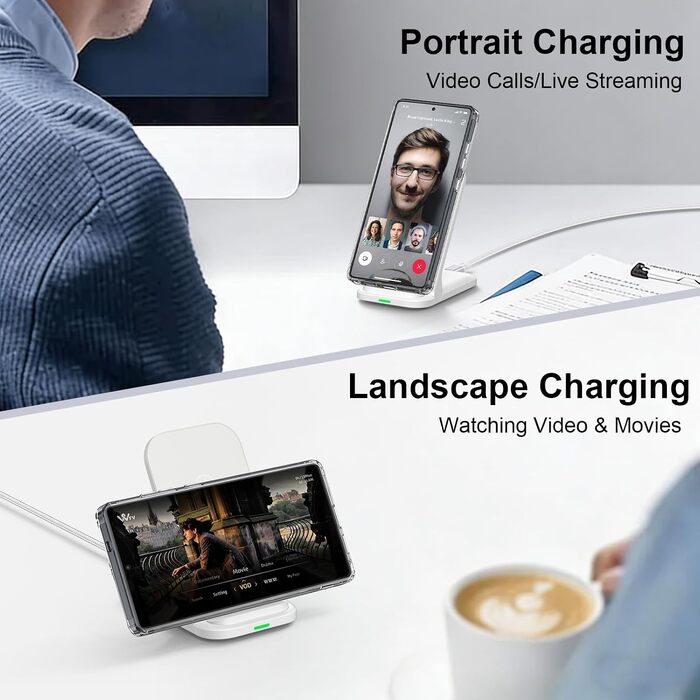 Бездротова зарядка Samsung 15W з адаптером 18W для Galaxy S25/S24/S23/S22/S21/S20, iPhone 17-11, Google Pixel 10/10 Pro/9 Pro – біла, складна
