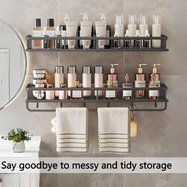 Поличка для душу Devesanter без свердління, 2 шт. - органайзер для ванної кімнати з тримачем для рушників та 6 гачками (60 см, сірий)