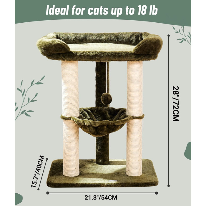 Драбина-кіготь для котів Happi N Pets 71 см, зелена: стабільна, з ліжком та гамаком, обтягнута сизалем