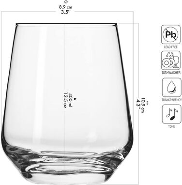 Krosno Water Glasses, Juice Glasses, Whisky Glasses, Drinking Glasses | Set of 6 | 400 ML | Splendour Collection | For Homes, Restaurants, Parties | Gift Idea for Wedding, Birthday, Celebration | Dishwasher Safe