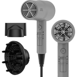 Фен AINA з дифузором для волосся | Іонська технологія, керамічне покриття, холодний струмінь | Швидке сушіння та блиск, 230V~ (Сірий)