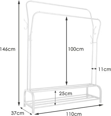 Стійка для одягу на підлозі з металу з полицею для взуття та нижньою полицею, для спальні. Металева стійка для одягу з подвійними вішалками (біла)