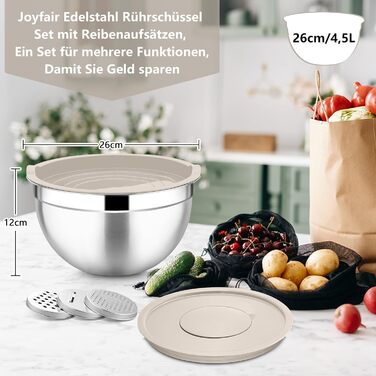 Миска Joyfair 4,5 л з нержавіючої сталі з кришкою, набором терок для приготування, миття в посудомийній машині - Хакі