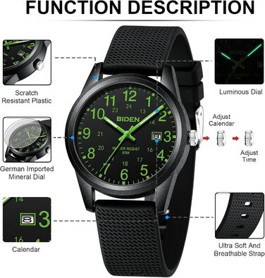 Чоловічий годинник: аналоговий кварцовий годинник з водозахистом 30M, стильний дизайн для чоловіків (чорний/зелений)