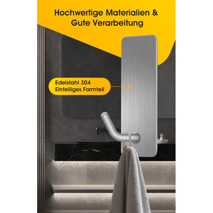 Набір гачків для рушників без свердління, 10 шт., самоклеючі гачки з нержавіючої сталі 304, міцні клейкі гачки для великих предметів, клейкі гачки для ванної, туалету та кухні, стійкі до іржі, срібні