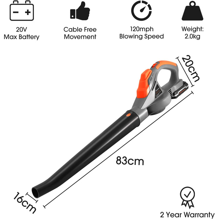 Terratek Leaf Blower, cordless, 20 V, 1 hour, fast charging, handheld leaf blower, powerful, lightweight, cordless leaf blower, garden blower with 1 x battery and charger included