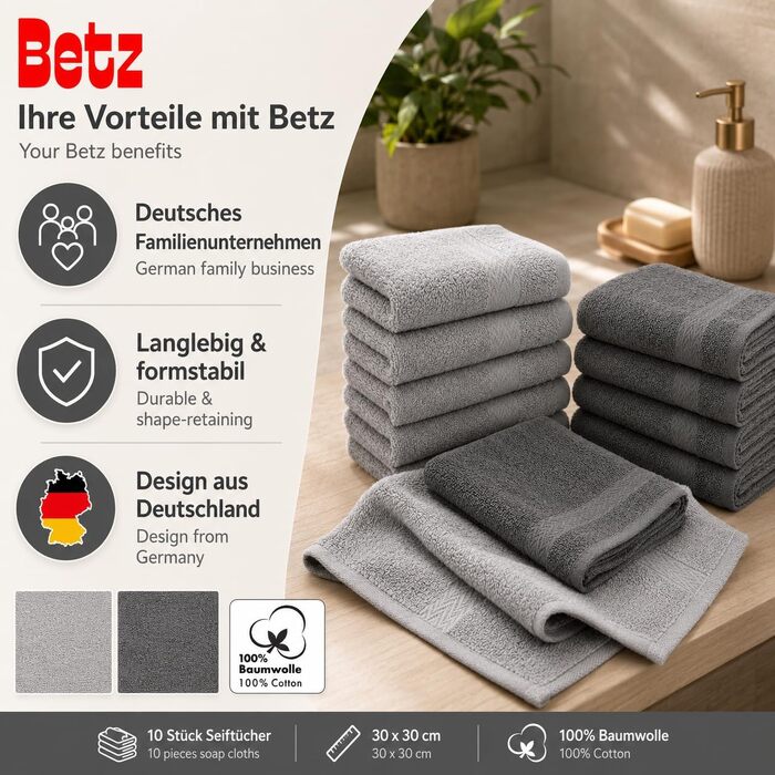 Набір мийних серветок Betz Premium зі 100% бавовни, 10 кольорів (антрацит та сріблясто-сірий), 30x30 см, 10 шт.