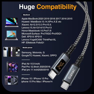 Кабель USB-C на USB-C GIANAC 240W з LED дисплеєм, 2м, нейлон, для iPhone, Samsung, iPad, MacBook Pro/Air