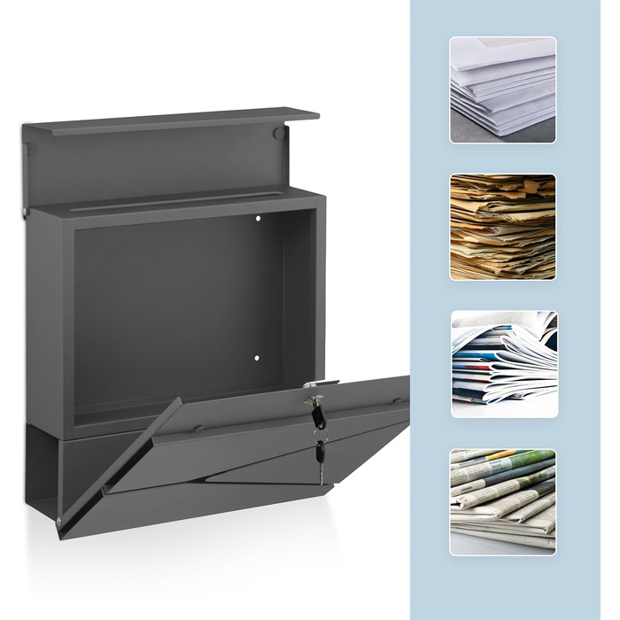Поштовий ящик Relaxdays з газетницею, антрацит, 37x37x11 см, DIN C4, вологостійкий, 4 ключі