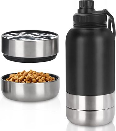 Водяна пляшка для собак на 950 мл з мискою – ізольована сталева пляшка для води, портативна, BPA-free, для подорожей та прогулянок (Чорний, L)
