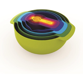 Joseph Joseph Plastic Nest 9 Plus, 9-Piece Compact Food Preparation Set with Colander and Mixing Bowls – Multicolor