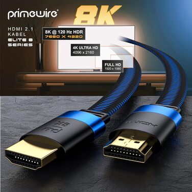 HDMI 2.1 кабель 8K Flachband - 3 метри, Ultra High Speed II, Ethernet, eARC, HDR10+, 7680x4320, 120Hz, DSC, тканинна оплетка, для прокладання