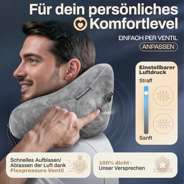 Подушка для шиї HELDENWERK® Air: 5 положень, регульований тиск, знімний капюшон | Подушка для подорожей на літаку/автомобілі, м'яка, сірого кольору, велика