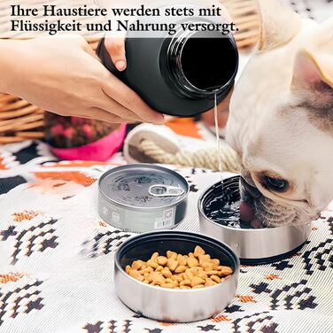 Водяна пляшка для собак на винос 4-в-1, 1000 мл, з мисками для води та корму, з нержавіючої сталі, BPA-Free