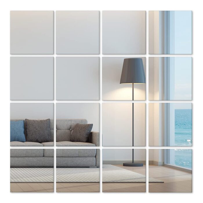 Дзеркальна плитка самоклеюча 15x15 см - 16 шт. для декору стін, ванної кімнати, шафи, вітальні, спальні