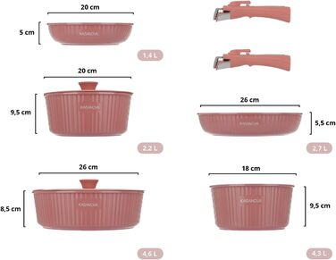 Набір каструль Kasanova Eaziclip 9 шт. з керамічним покриттям, індукційні, знімні ручки, антипригарні, рожевий