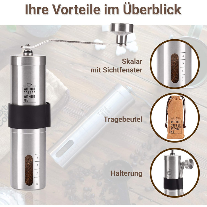 NOUTEN® Преміум ручна кавомолка з керамічним жорном - компактна кавомолка з сумкою та кріпленням для подорожей, плавне регулювання помелу