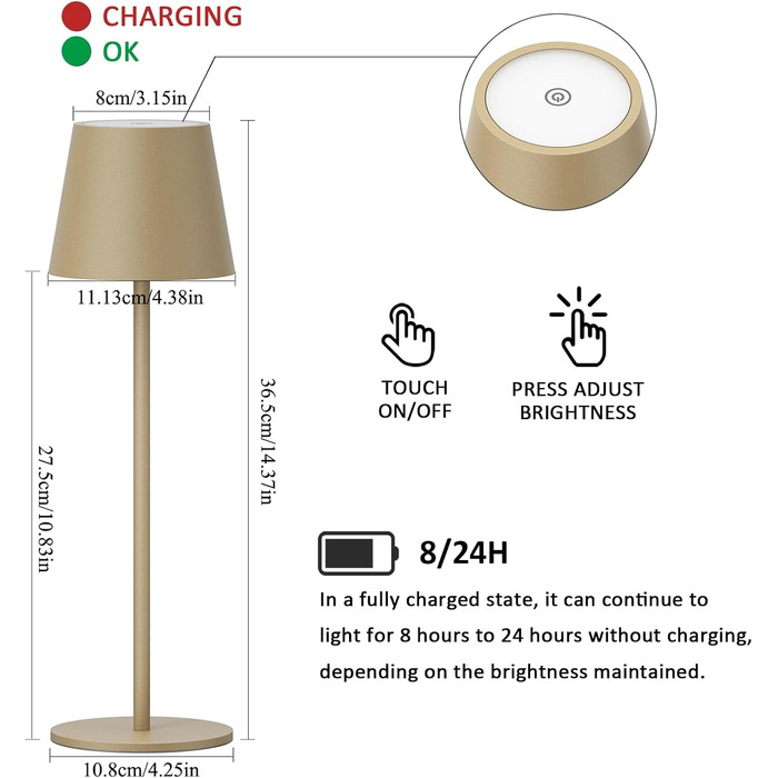 LED настільна лампа K-Bright з регулюванням яскравості, акумуляторна, бездротова, 3000K/4000K/6000K, 3 колірні температури, USB-C, IP54, вологостійка, чорна, 1 шт.