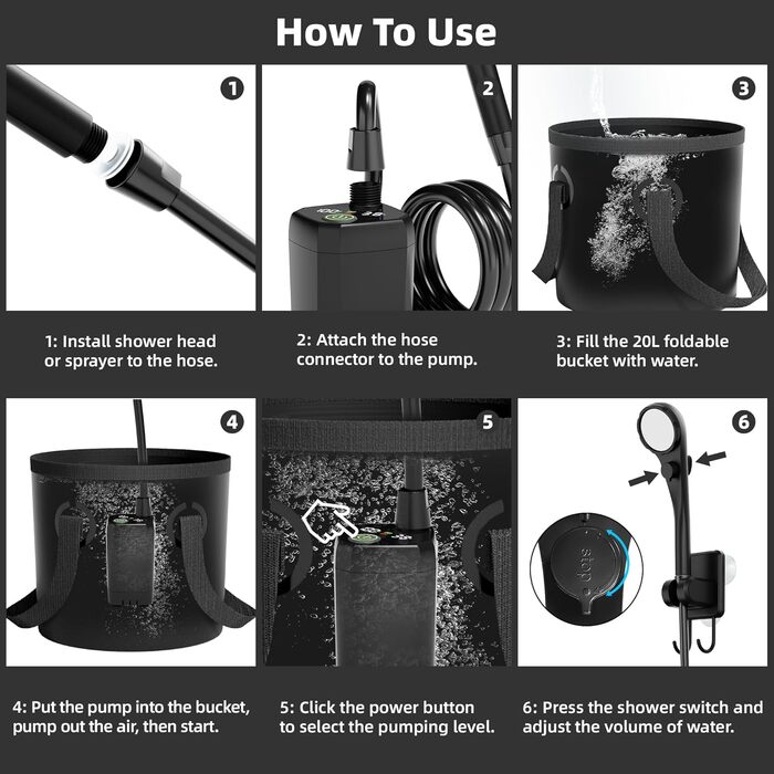 Mytrix 2024 Upgraded Portable Camping Shower Full Set: 6000mAh Rechargeable Power Suction Pump with Smart Display, Multi-Modes Spray Head & 5-Gallon Water Foldable Bucket for Outdoor Travel and Hiking