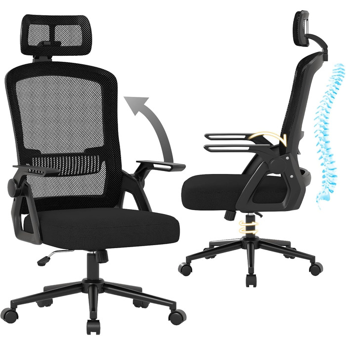 Офісний стіл Naspiro Ergonomic, регульований по висоті, поворотний крісло з дихаючою спинкою з сітки, відкидні підлокітники на 90° та поперекова підтримка, високощільна піна для дому/офісу (Чорний-1, з підголівником)