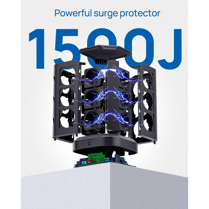 Стедова вежа KOOSLA з 12 розетками та захистом від перенапруги (4000W/16A), з індивідуальним вимикачем та 6 USB портами (20W USB-C), для офісу, кухні, столу (чорний, 2м)