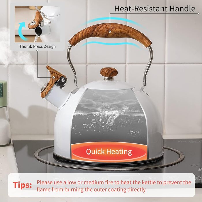 Чайник для плити LONFFERY 2.5 л з свистком, з нержавіючої сталі, дерев'яним декором, складаним ручками, кремово-білий
