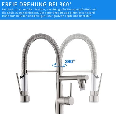 LED кухонний змішувач з спіральною пружиною, поворотний на 360°, з двома виливами, висувний, для кухні, з душем, високий тиск, з матовим нікелем