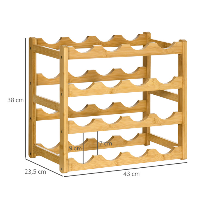 HOMCOM Bamboo Wine Rack Bottle Stand for 16 Bottles, 43x23.5x38cm, Stylish Natural Wood Design for Kitchen & Living Room