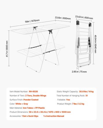 Сушарка для білизни VEVOR 2-ярусна розкладна з прищіпками та 31 вішалкою, регульована по висоті, металева, для ванної, балкону, 1470 x 600 x 1000 мм