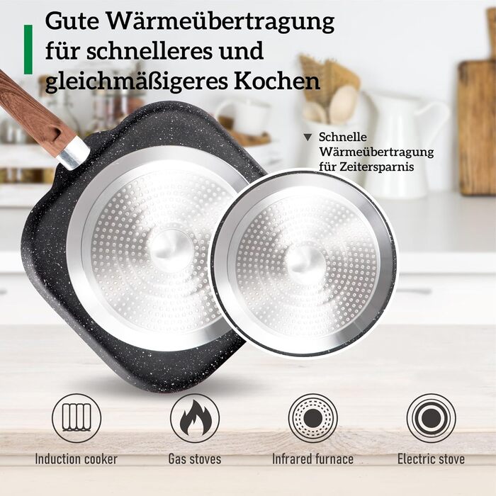 Kitchen Academy 17-Piece Induction Cookware Set with Glass Lids and Granite Coating, including Frying Pans and Pots (Black, 17-Piece)