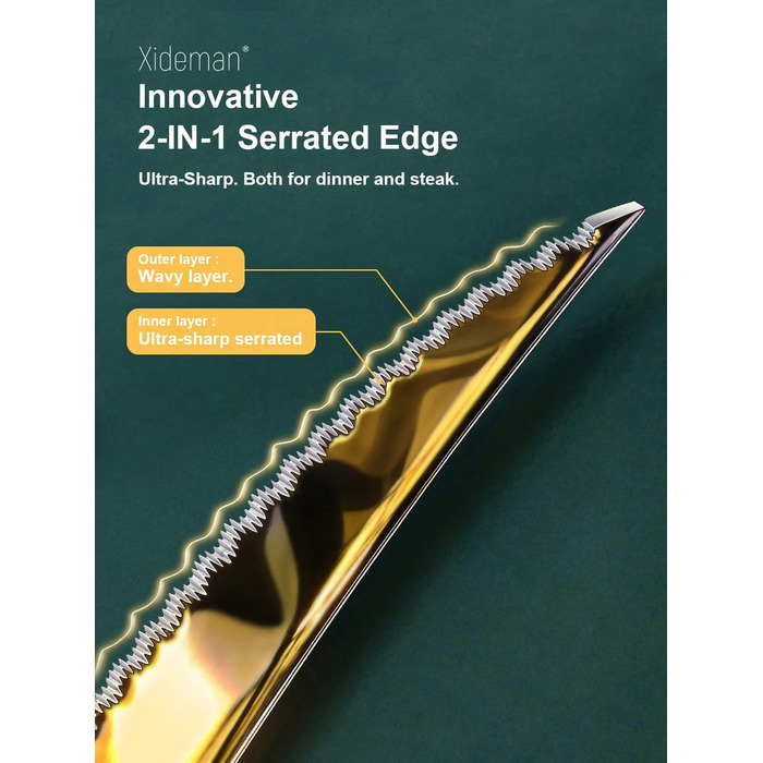 Набір столових приборів 24 предмети з нержавіючої сталі 18/10, золотий колір, на 6 осіб: ніж, виделка, ложка, з двостороннім зазубреним лезом, для посудомийної машини